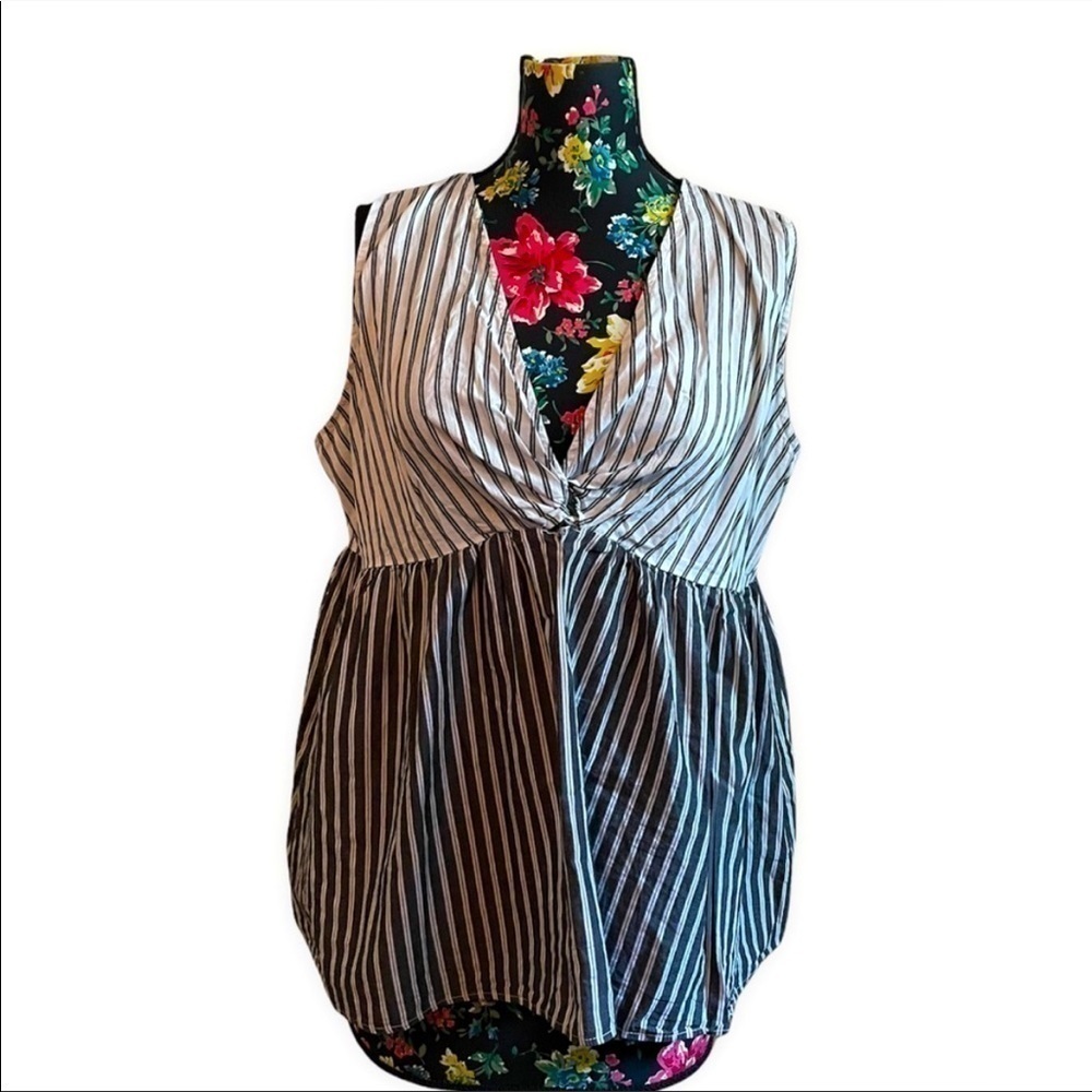 Suzanne betro sleeveless striped tie front blouse 100% cotton babydoll